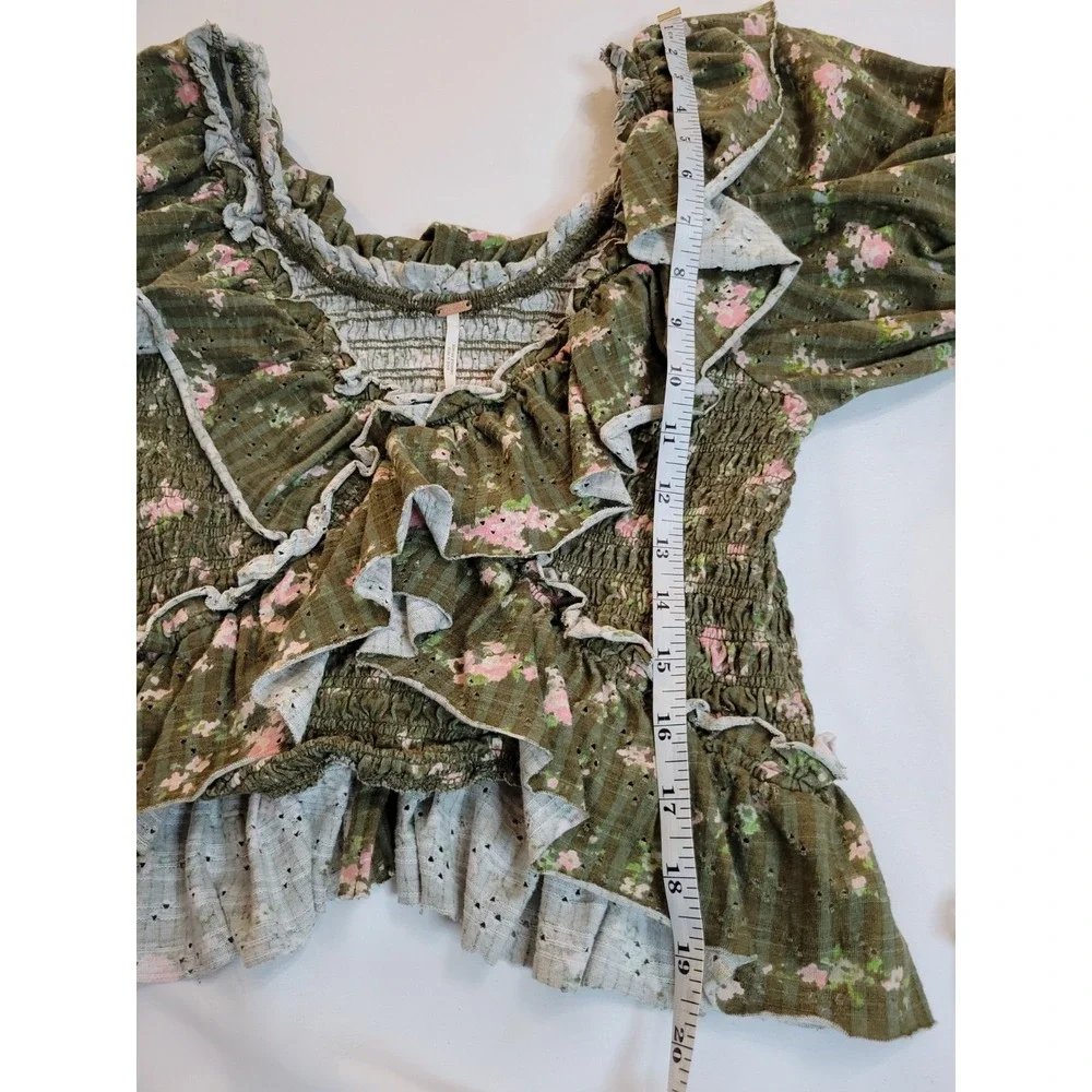 Free People Favorite Girl‎ Top Floral Ruffle Smocked Puff Sleeve Boho Army Combo